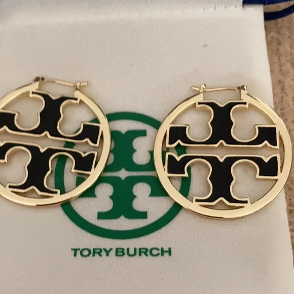 Tory Burch Gold-Tone Miller Logo Hoop Earrings - Picture 2 of 5